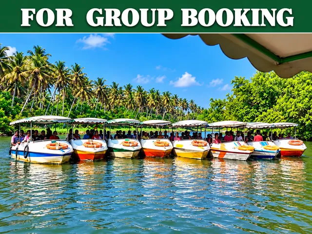 Group booking – Poovar boating for island tour, boats lined up on the Poovar backwaters