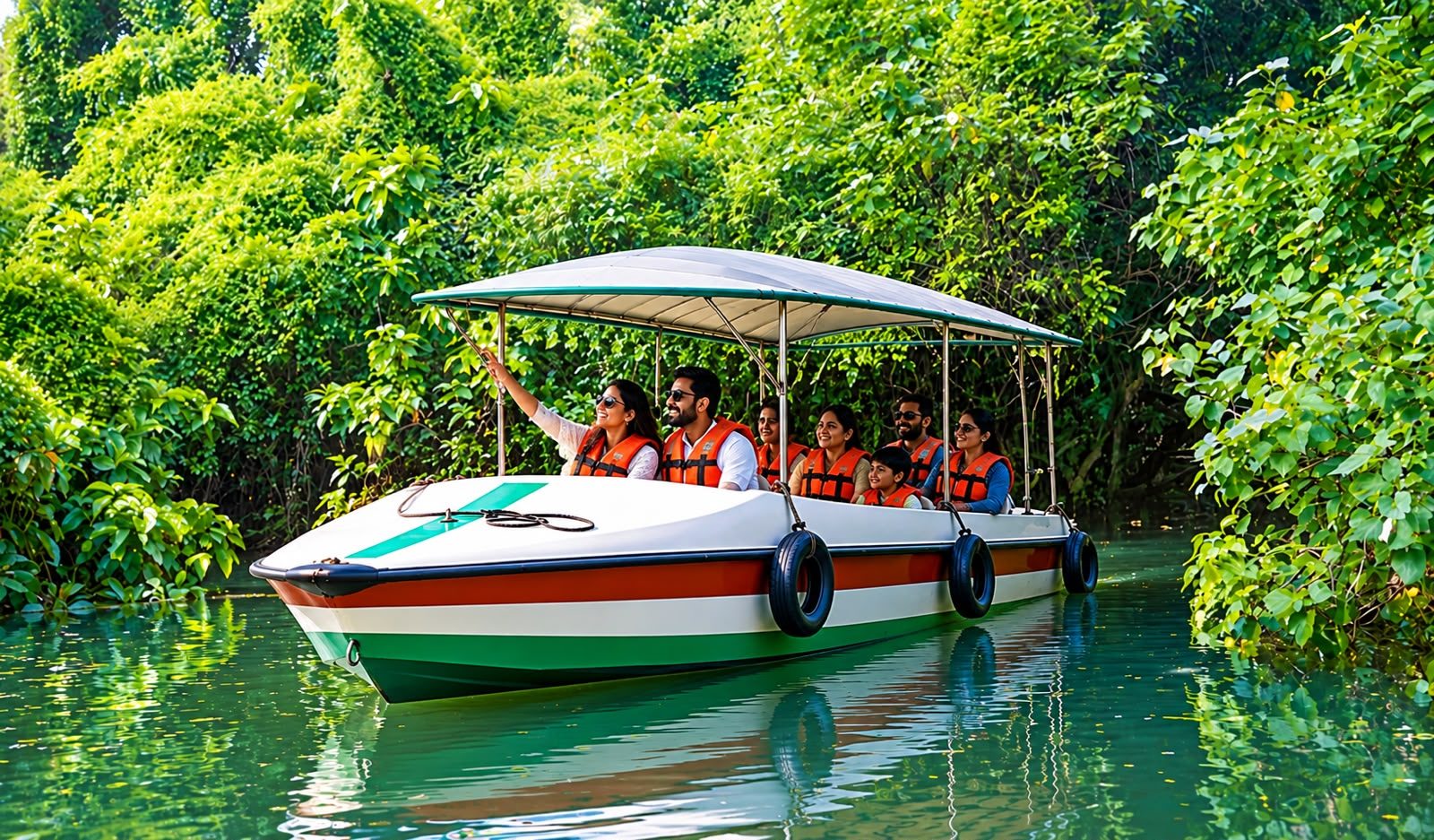 Family on a Poovar boating motor boat cruise through the mangroves
