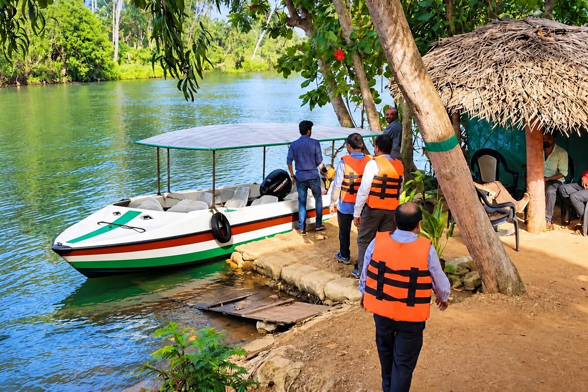 Guests in life jackets walking to the Poovar Boating Cruise boat at the jetty