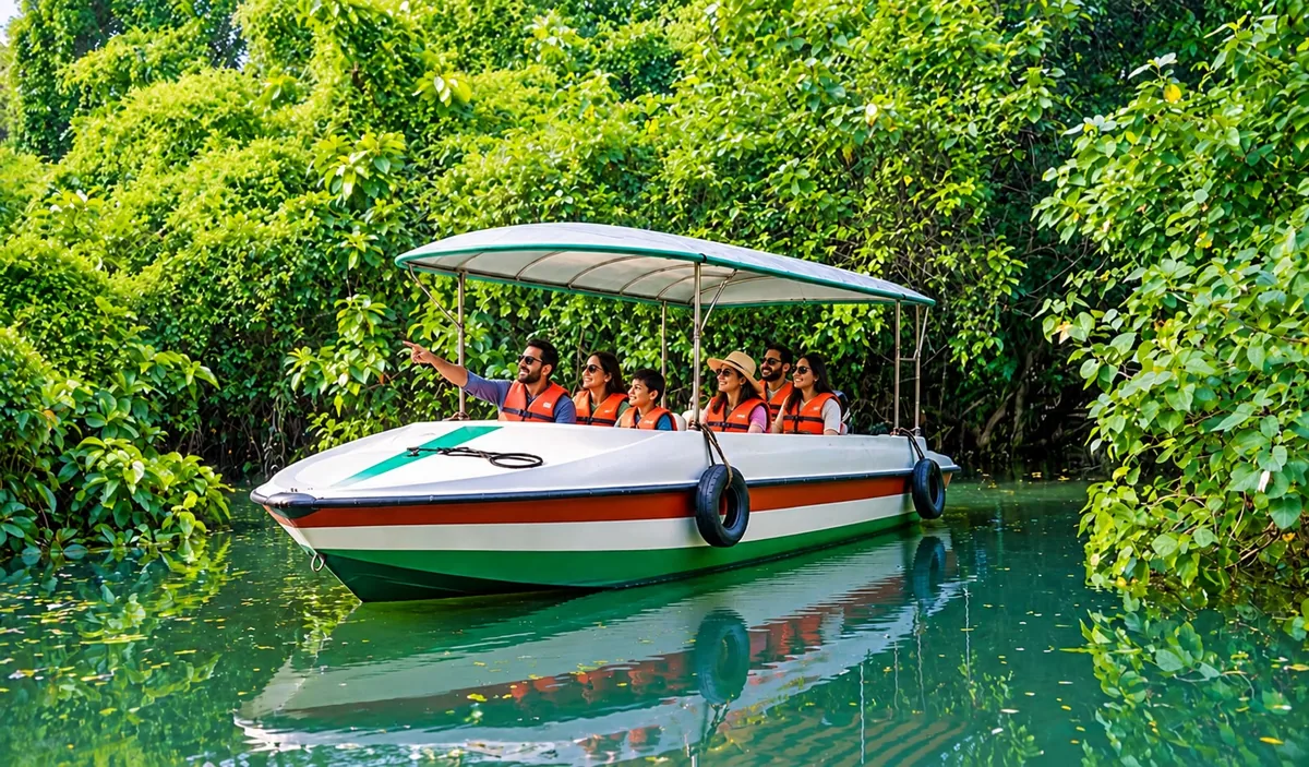 Family on a Poovar Boating Cruise motor boat in the green mangrove forest